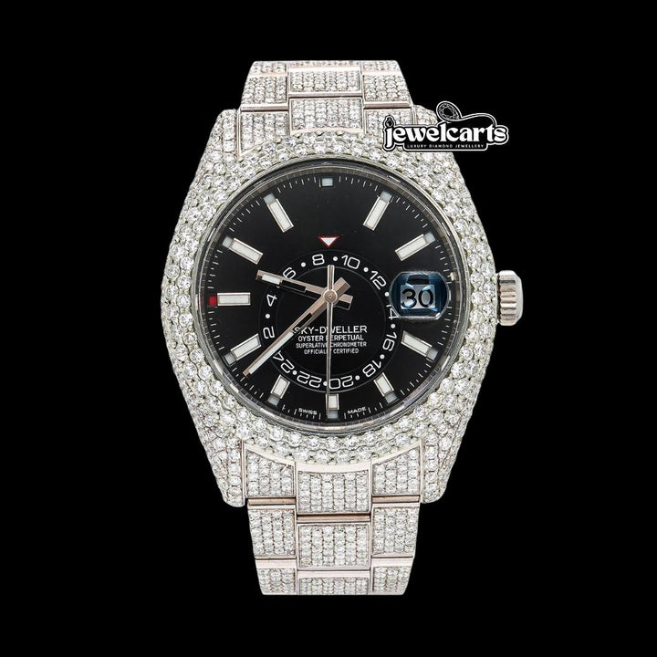 Rolex Sky-Dweller Black Dual Time Dial White Stick Markers Oyster Bracelet Iced Out Moissanite Watch Front View