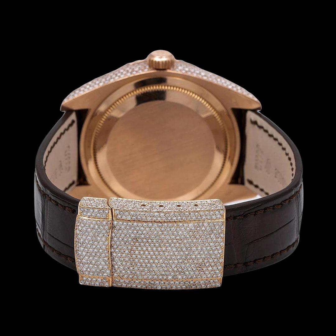 Rolex Sky-Dweller Brown Dial Standard Numerals Semi Iced Out Lather Strap Rose Gold Moissanite Watch Caseback View