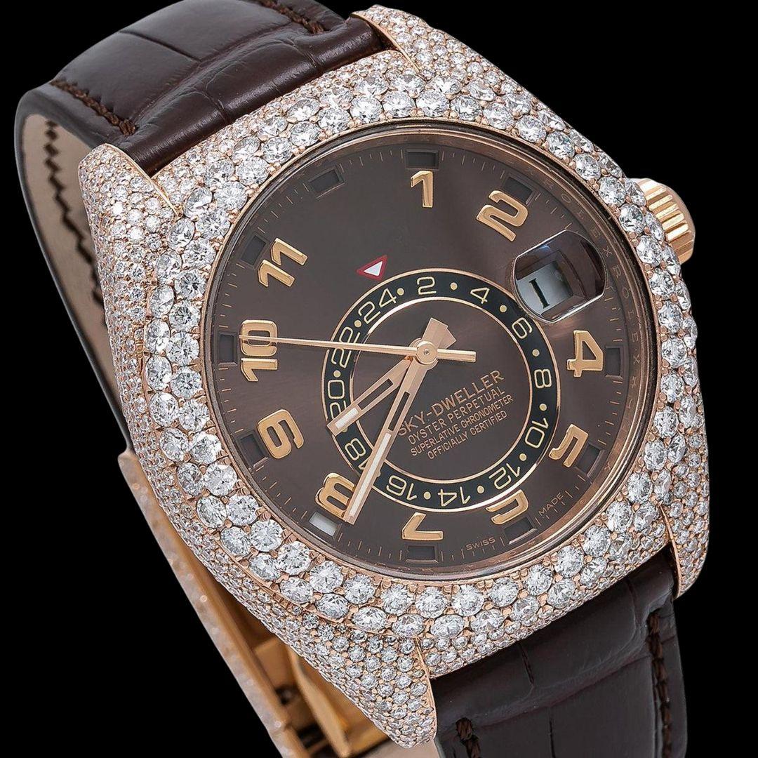 Rolex Sky-Dweller Brown Dial Standard Numerals Semi Iced Out Lather Strap Rose Gold Moissanite Watch Close Up Dial View