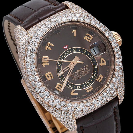 Rolex Sky-Dweller Brown Dial Standard Numerals Semi Iced Out Lather Strap Rose Gold Moissanite Watch Close Up Dial View