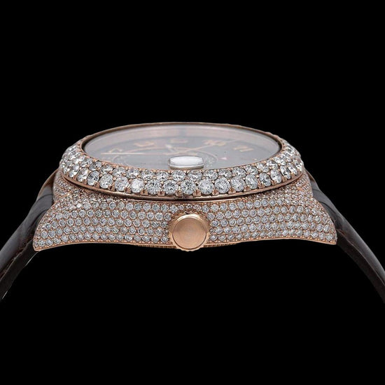 Rolex Sky-Dweller Brown Dial Standard Numerals Semi Iced Out Lather Strap Rose Gold Moissanite Watch Crown View
