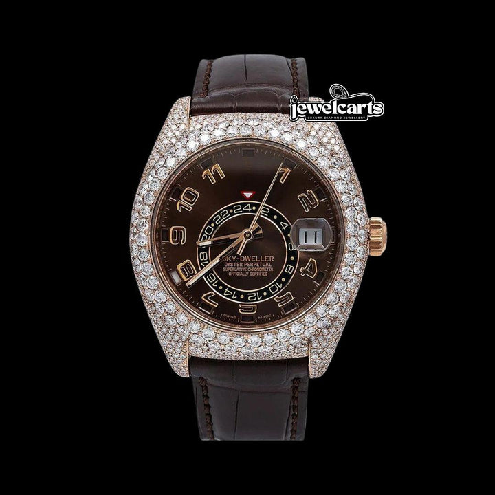 Rolex Sky-Dweller Brown Dial Standard Numerals Semi Iced Out Lather Strap Rose Gold Moissanite Watch Front View