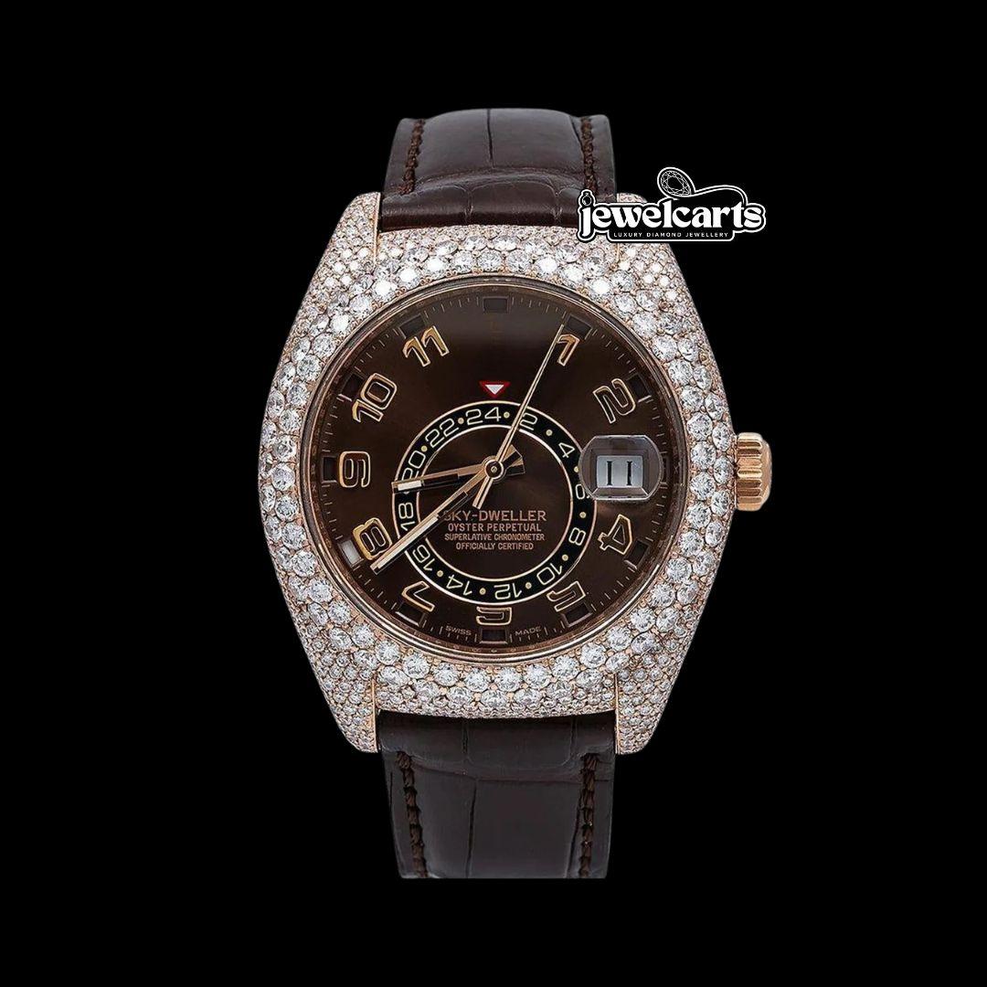 Rolex Sky-Dweller Brown Dial Standard Numerals Semi Iced Out Lather Strap Rose Gold Moissanite Watch Front View