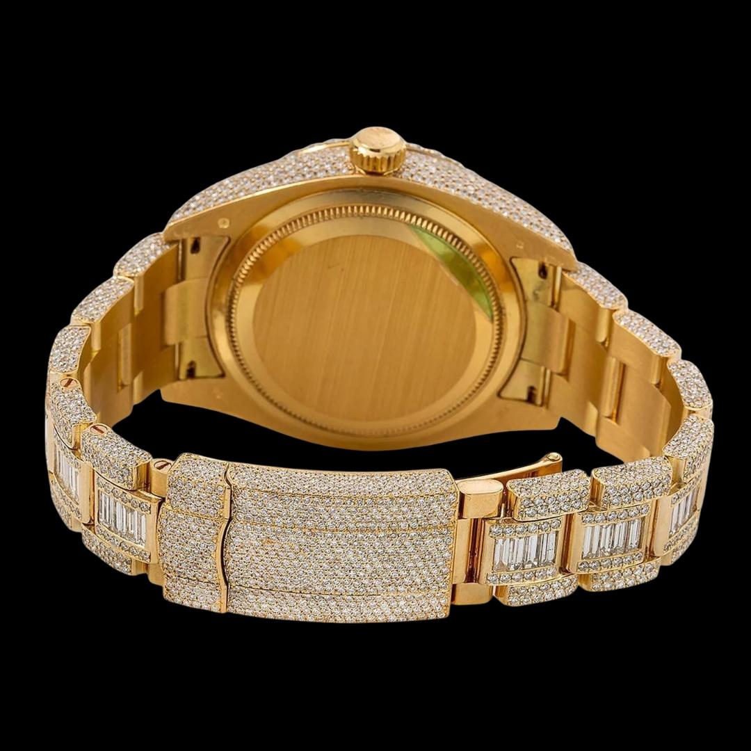 Rolex Sky-Dweller Champagne Dial Baguette Oyster Bracelet Fully Iced Out Yellow Gold Moissanite Watch Caseback View