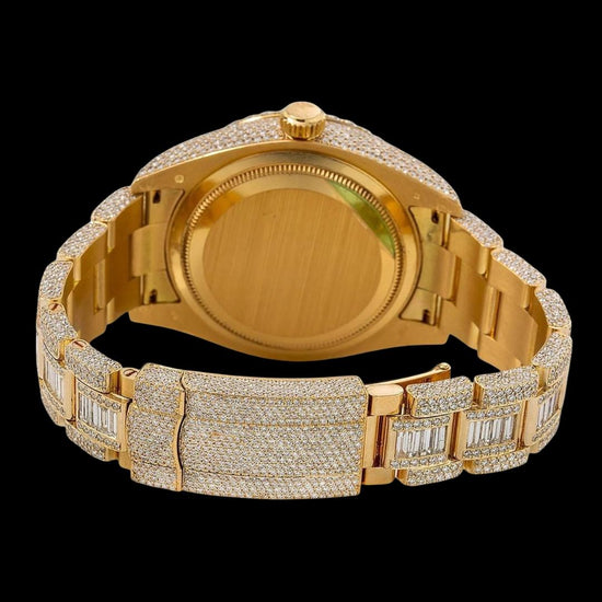 Rolex Sky-Dweller Champagne Dial Baguette Oyster Bracelet Fully Iced Out Yellow Gold Moissanite Watch Caseback View