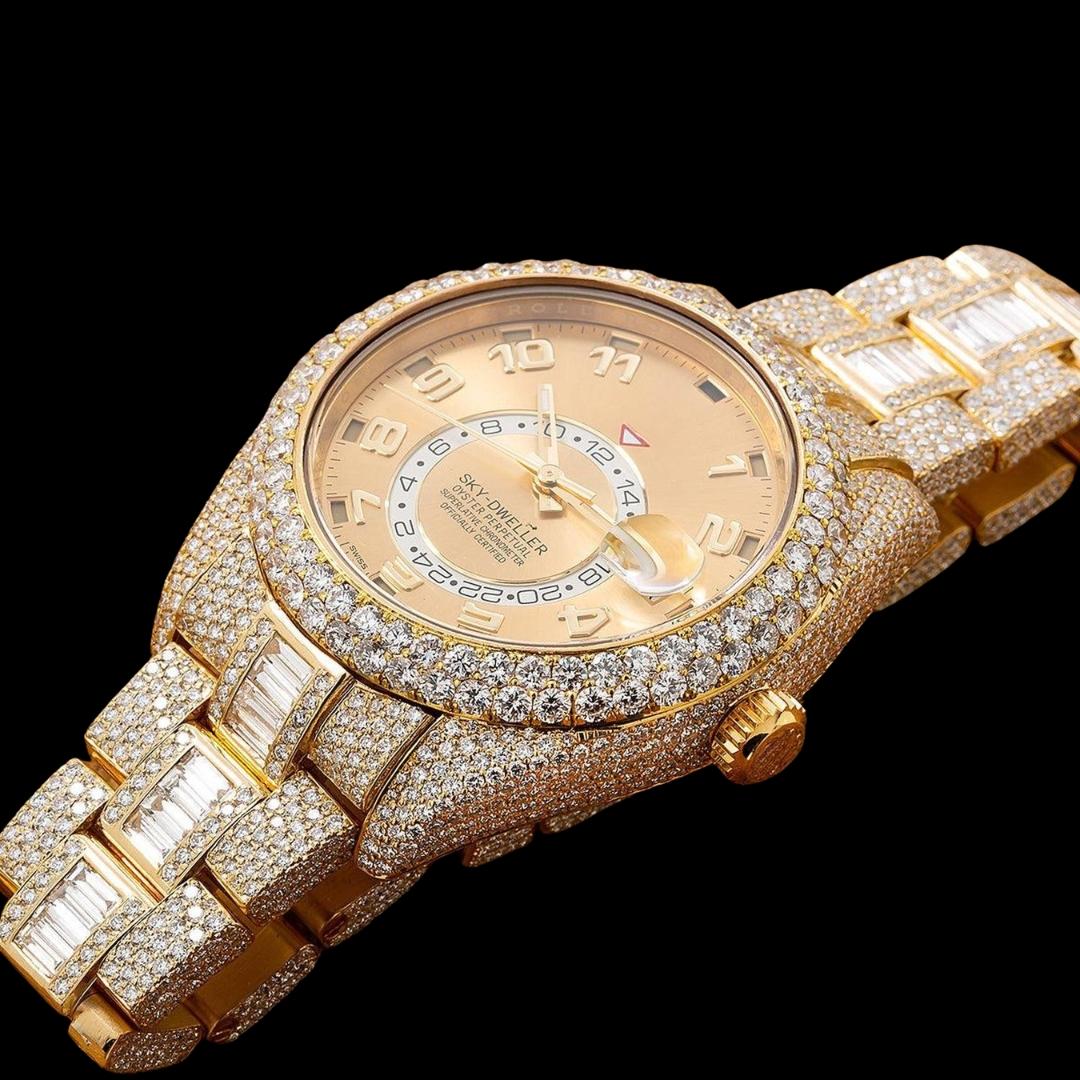 Rolex Sky-Dweller Champagne Dial Baguette Oyster Bracelet Fully Iced Out Yellow Gold Moissanite Watch Close Up Front View