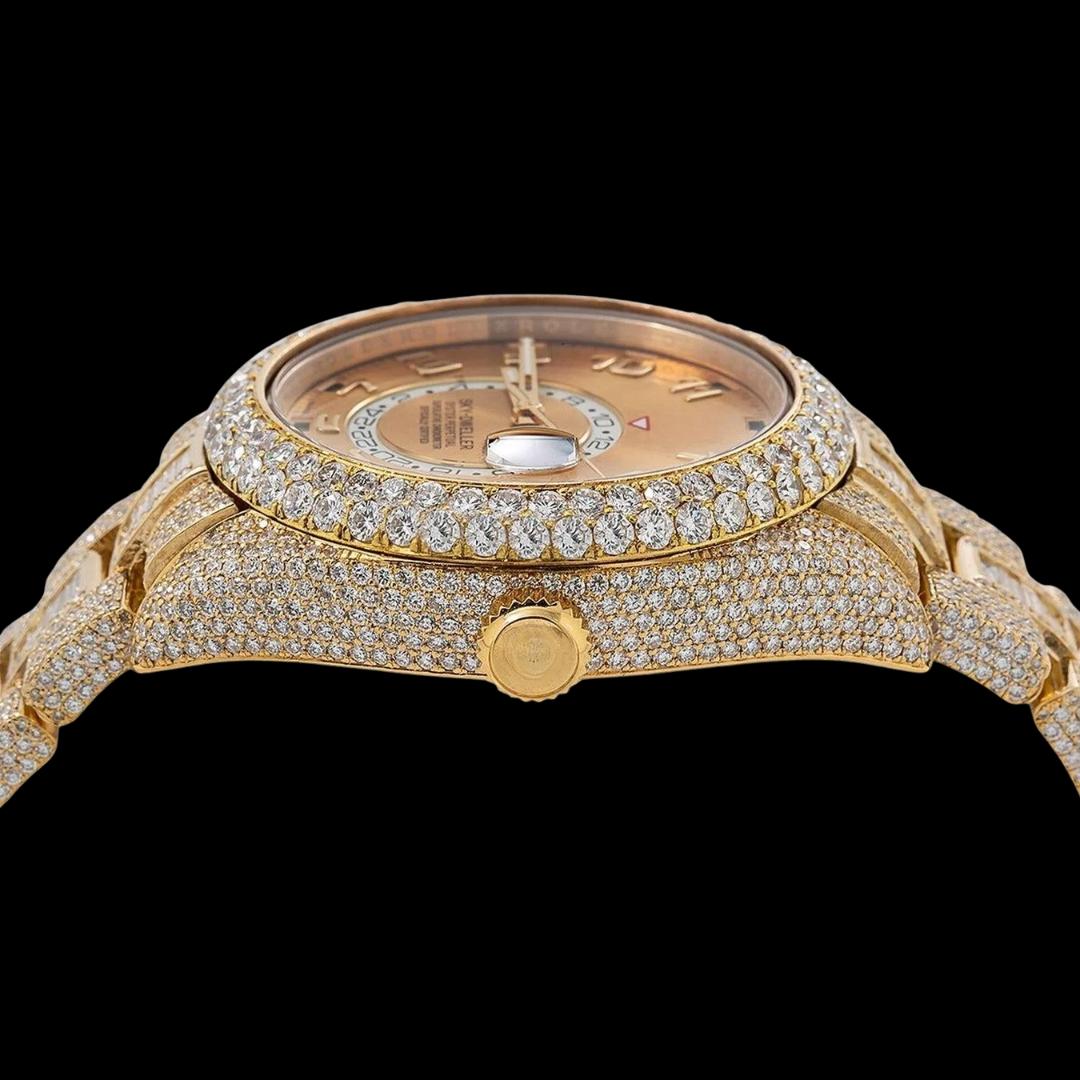 Rolex Sky-Dweller Champagne Dial Baguette Oyster Bracelet Fully Iced Out Yellow Gold Moissanite Watch Crown View