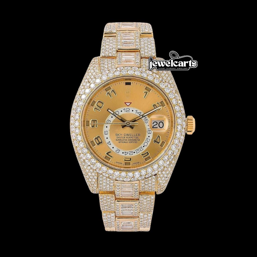 Rolex Sky-Dweller Champagne Dial Baguette Oyster Bracelet Fully Iced Out Yellow Gold Moissanite Watch Front View