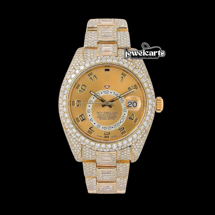 Rolex Sky-Dweller Champagne Dial Baguette Oyster Bracelet Fully Iced Out Yellow Gold Moissanite Watch Front View