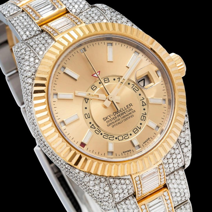 Rolex Sky-Dweller Champagne Dial Fluted Bezel Two Tone Yellow Gold Iced Out Oyster Bracelet Moissanite Watch Close Up Dial View