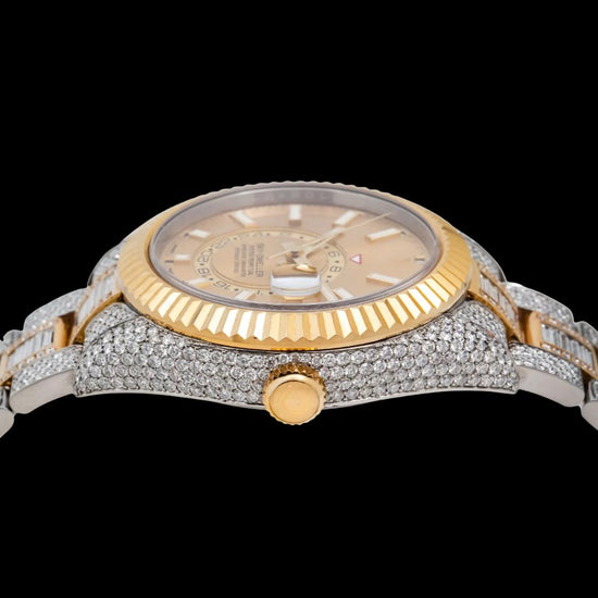 Rolex Sky-Dweller Champagne Dial Fluted Bezel Two Tone Yellow Gold Iced Out Oyster Bracelet Moissanite Watch Crown View