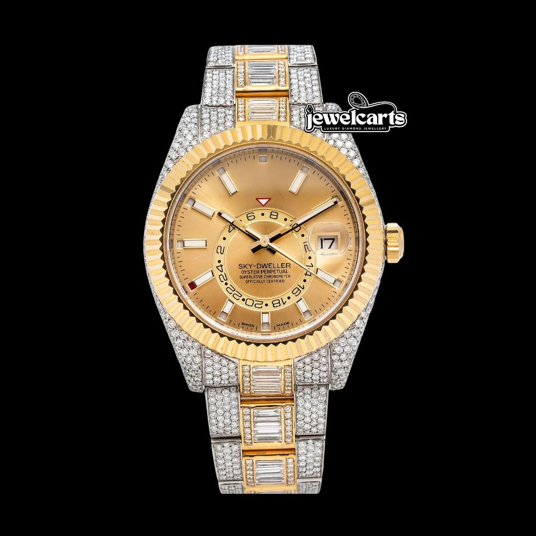 Rolex Sky-Dweller Champagne Dial Fluted Bezel Two Tone Yellow Gold Iced Out Oyster Bracelet Moissanite Watch Front View