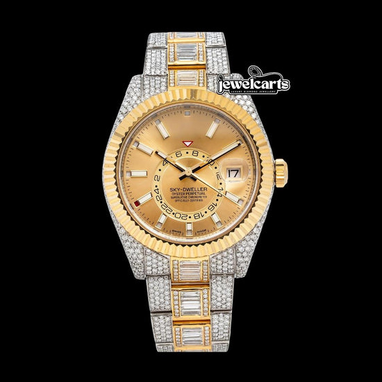 Rolex Sky-Dweller Champagne Dial Fluted Bezel Two Tone Yellow Gold Iced Out Oyster Bracelet Moissanite Watch Front View