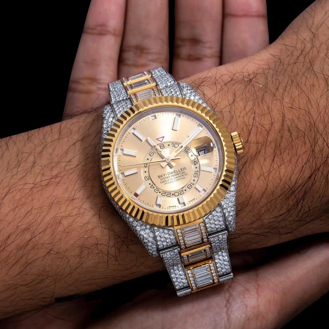 Rolex Sky-Dweller Champagne Dial Fluted Bezel Two Tone Yellow Gold Iced Out Oyster Bracelet Moissanite Watch On Wrist View