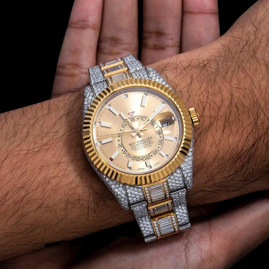 Rolex Sky-Dweller Champagne Dial Fluted Bezel Two Tone Yellow Gold Iced Out Oyster Bracelet Moissanite Watch On Wrist View