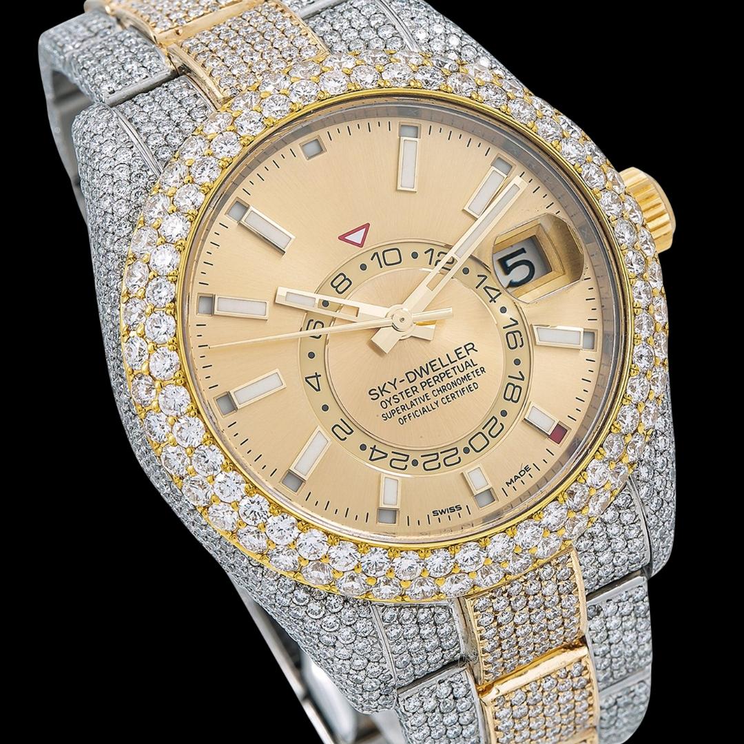Rolex Sky-Dweller Champagne Dial White Stick Markers Diamond Bezel Two Tone Yellow Gold Iced Out Oyster Bracelet Watch Close Up Dial View