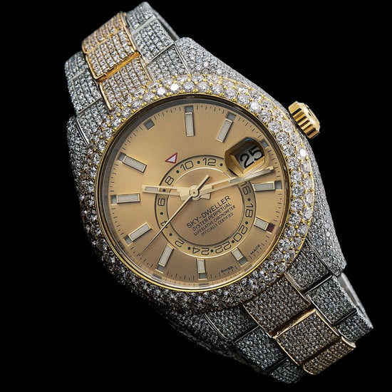 Rolex Sky-Dweller Champagne Dial White Stick Markers Diamond Bezel Two Tone Yellow Gold Iced Out Oyster Bracelet Watch Close Up Front View