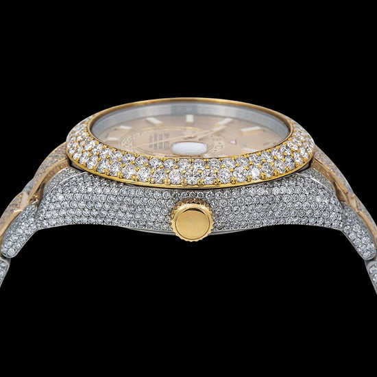 Rolex Sky-Dweller Champagne Dial White Stick Markers Diamond Bezel Two Tone Yellow Gold Iced Out Oyster Bracelet Watch Crown View