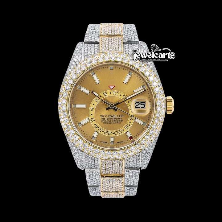 Rolex Sky-Dweller Champagne Dial White Stick Markers Diamond Bezel Two Tone Yellow Gold Iced Out Oyster Bracelet Watch Front View