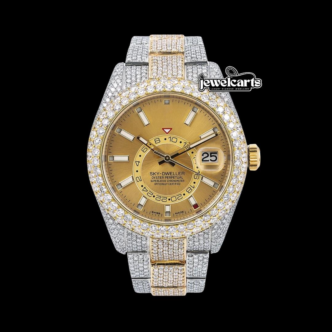 Rolex Sky-Dweller Champagne Dial White Stick Markers Diamond Bezel Two Tone Yellow Gold Iced Out Oyster Bracelet Watch Front View