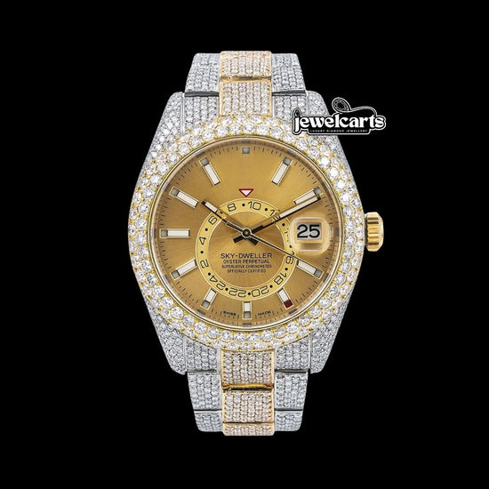 Rolex Sky-Dweller Champagne Dial White Stick Markers Diamond Bezel Two Tone Yellow Gold Iced Out Oyster Bracelet Watch Front View