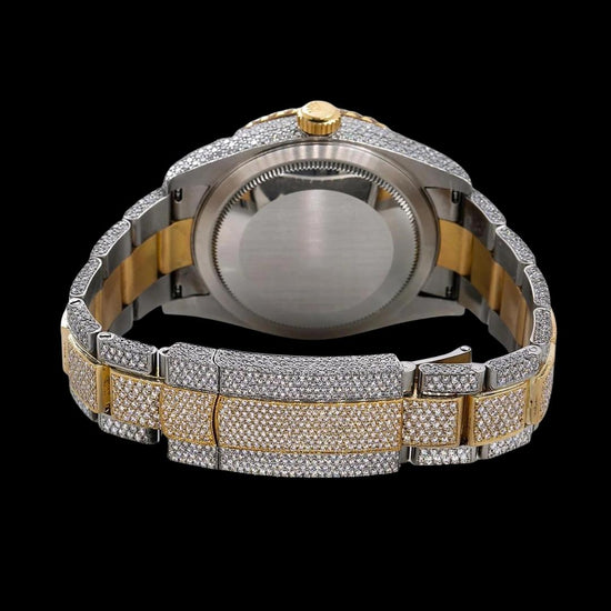 Rolex Sky-Dweller Diamond Paved Arabic Dial Two Tone Yellow Gold Oyster Strap Fully Iced Out Moissanite Watch Caseback View