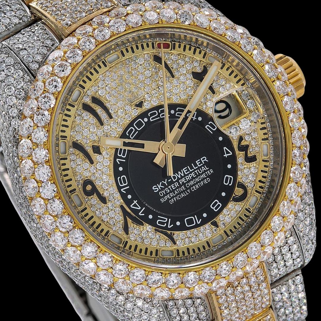 Rolex Sky-Dweller Diamond Paved Arabic Dial Two Tone Yellow Gold Oyster Strap Fully Iced Out Moissanite Watch Close Up Dial View