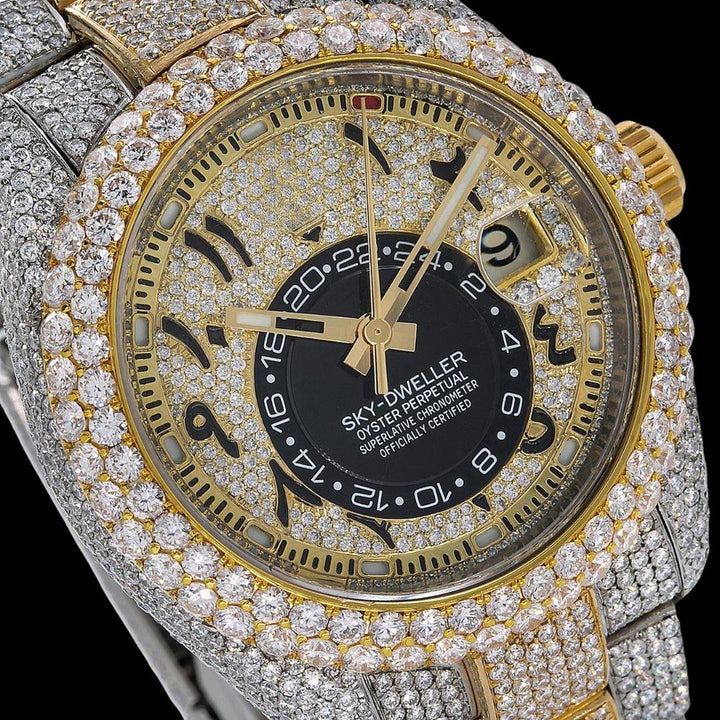 Rolex Sky-Dweller Diamond Paved Arabic Dial Two Tone Yellow Gold Oyster Strap Fully Iced Out Moissanite Watch Close Up Dial View