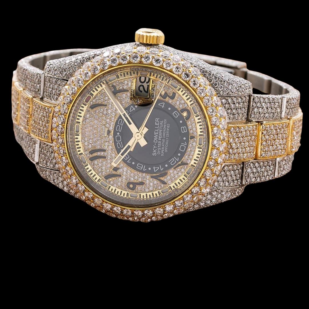 Rolex Sky-Dweller Diamond Paved Arabic Dial Two Tone Yellow Gold Oyster Strap Fully Iced Out Moissanite Watch Close Up Front View