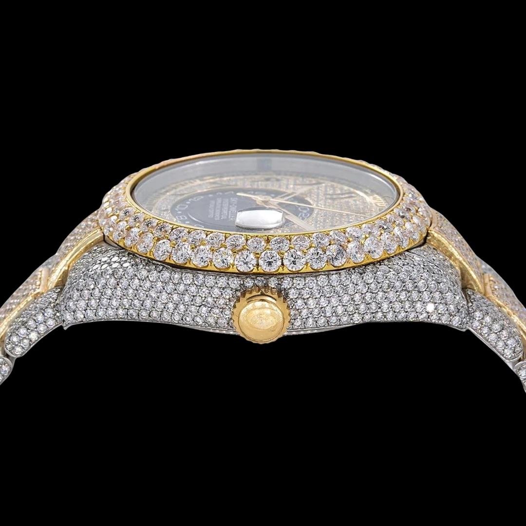 Rolex Sky-Dweller Diamond Paved Arabic Dial Two Tone Yellow Gold Oyster Strap Fully Iced Out Moissanite Watch Crown View
