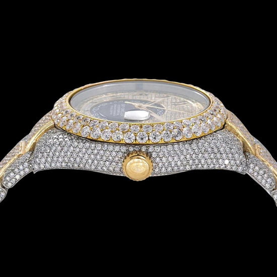 Rolex Sky-Dweller Diamond Paved Arabic Dial Two Tone Yellow Gold Oyster Strap Fully Iced Out Moissanite Watch Crown View