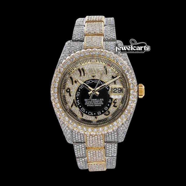 Rolex Sky-Dweller Diamond Paved Arabic Dial Two Tone Yellow Gold Oyster Strap Fully Iced Out Moissanite Watch Front View