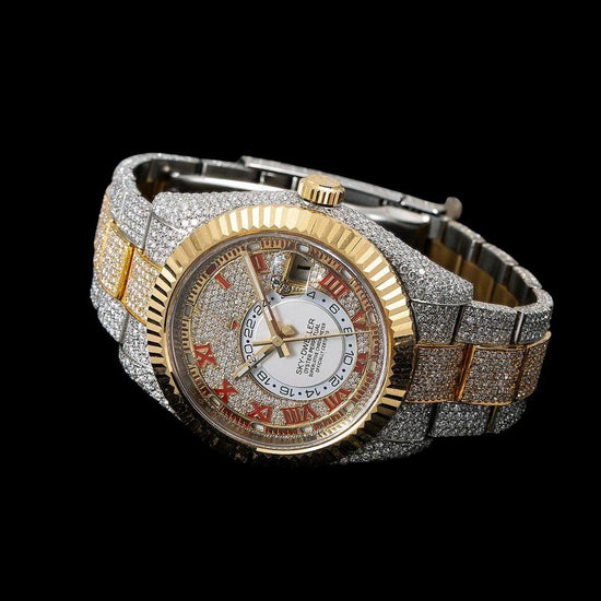 Rolex Sky-Dweller Diamond Paved Dial Red Roman Numerals Two Tone Yellow Gold Iced Out Moissanite Watch Bezel View