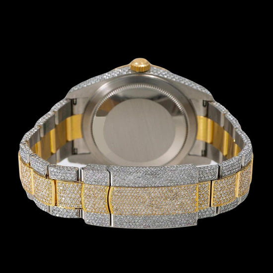 Rolex Sky-Dweller Diamond Paved Dial Red Roman Numerals Two Tone Yellow Gold Iced Out Moissanite Watch Caseback View
