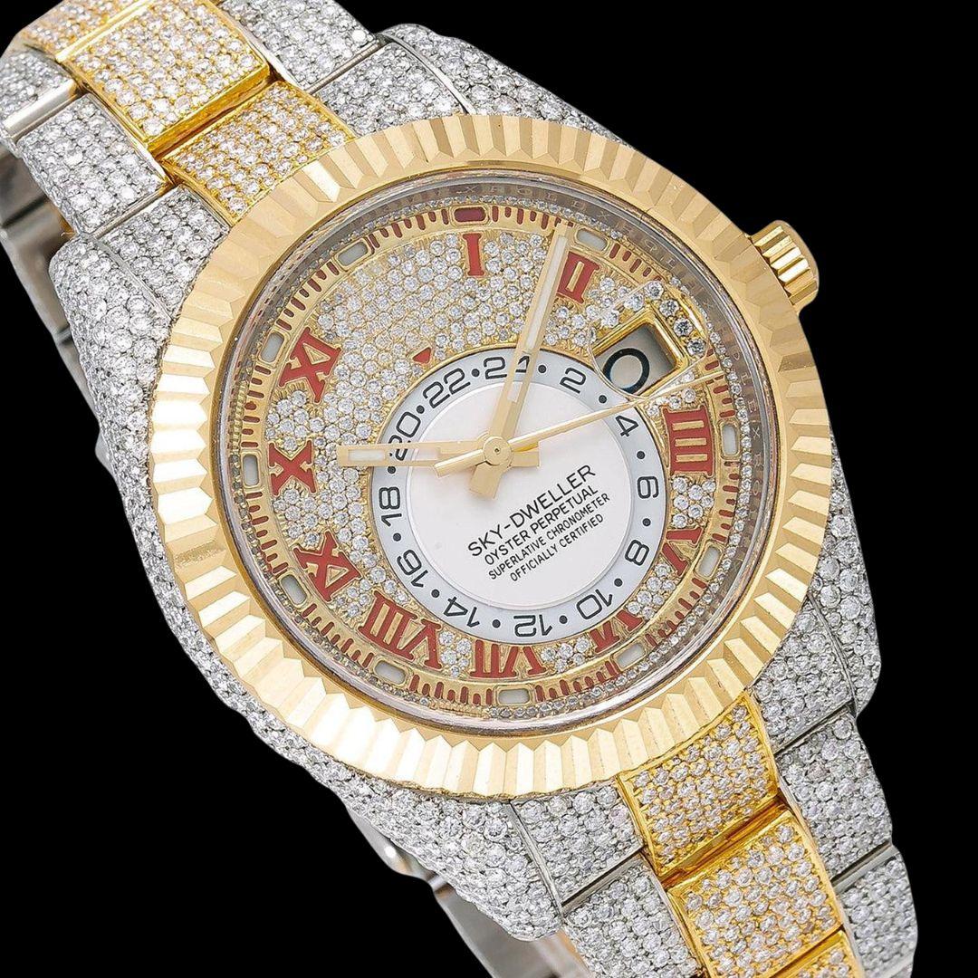 Rolex Sky-Dweller Diamond Paved Dial Red Roman Numerals Two Tone Yellow Gold Iced Out Moissanite Watch Close Up Dial View