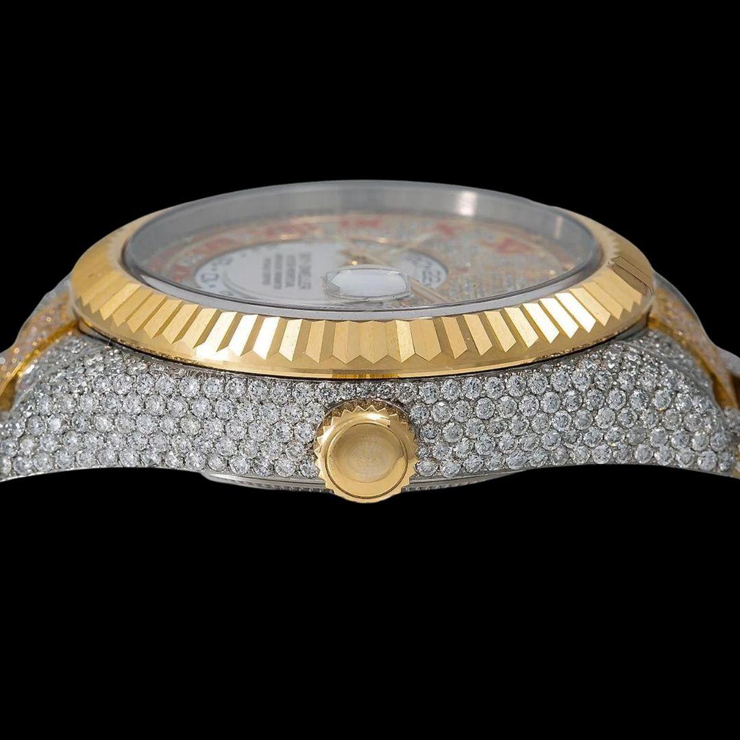 Rolex Sky-Dweller Diamond Paved Dial Red Roman Numerals Two Tone Yellow Gold Iced Out Moissanite Watch Crown View