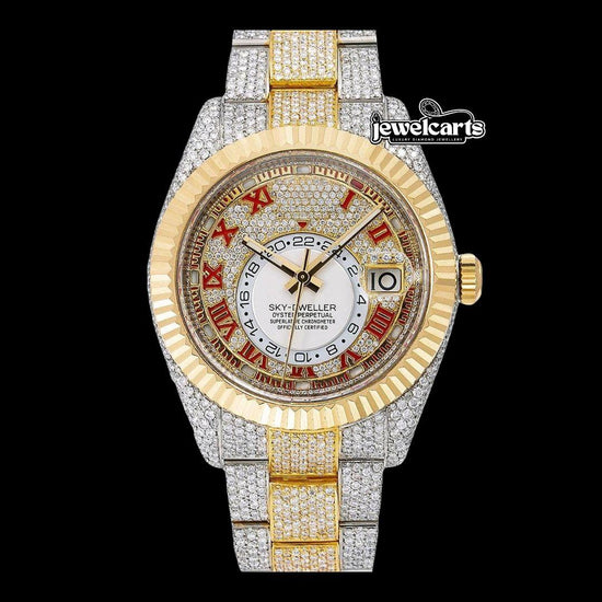 Rolex Sky-Dweller Diamond Paved Dial Red Roman Numerals Two Tone Yellow Gold Iced Out Moissanite Watch Front View