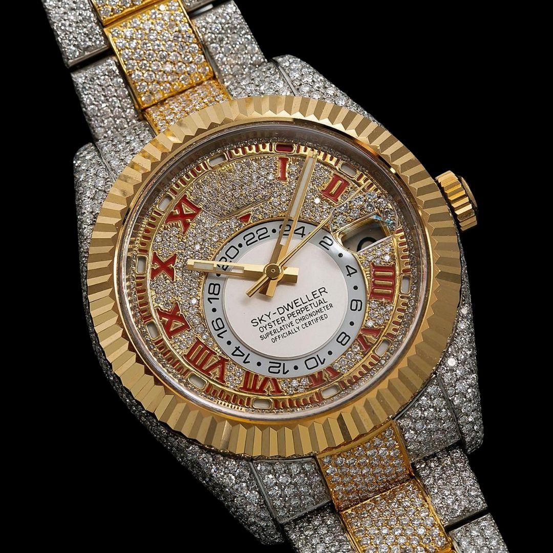 Rolex Sky-Dweller Diamond Paved Dial Red Roman Numerals Two Tone Yellow Gold Iced Out Moissanite Watch Subdial View