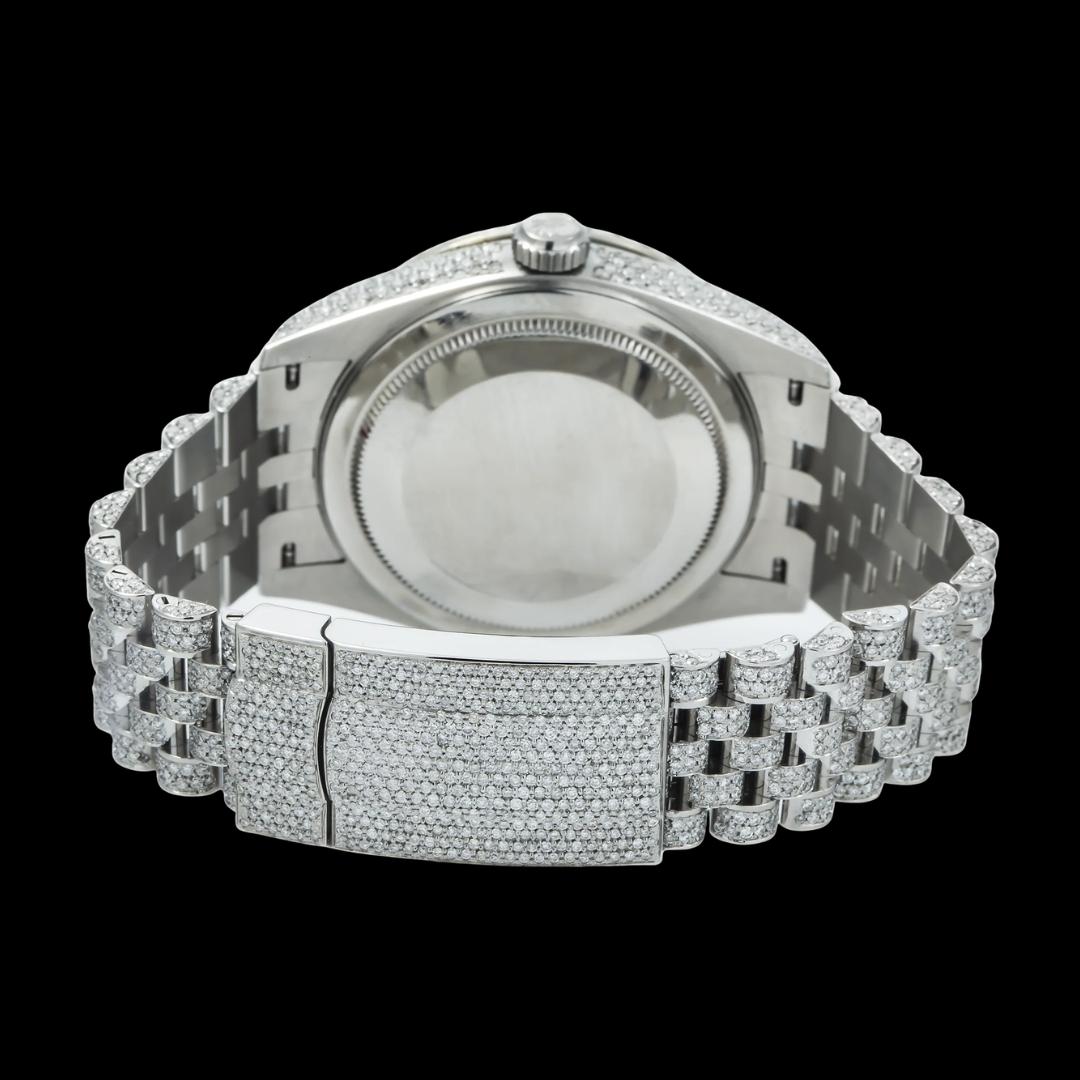 Rolex Sky-Dweller Diamond Paved Dial Roman Numerals Fully Iced Out Jubilee Bracelet Moissanite Watch Caseback View