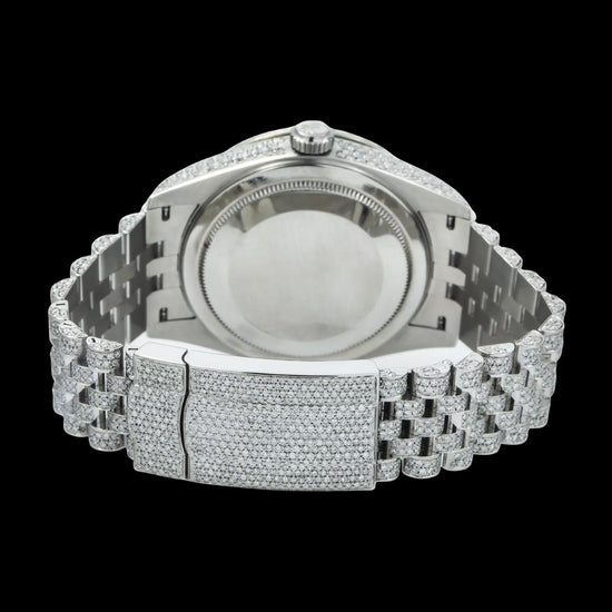 Rolex Sky-Dweller Diamond Paved Dial Roman Numerals Fully Iced Out Jubilee Bracelet Moissanite Watch Caseback View