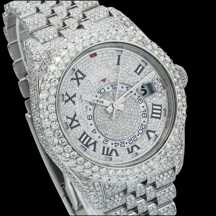 Rolex Sky-Dweller Diamond Paved Dial Roman Numerals Fully Iced Out Jubilee Bracelet Moissanite Watch Close Up Dial View