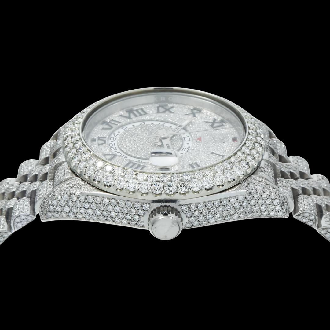 Rolex Sky-Dweller Diamond Paved Dial Roman Numerals Fully Iced Out Jubilee Bracelet Moissanite Watch Crown View