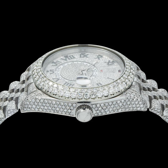 Rolex Sky-Dweller Diamond Paved Dial Roman Numerals Fully Iced Out Jubilee Bracelet Moissanite Watch Crown View