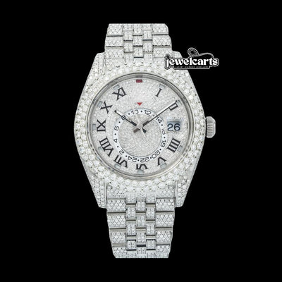 Rolex Sky-Dweller Diamond Paved Dial Roman Numerals Fully Iced Out Jubilee Bracelet Moissanite Watch