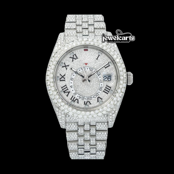 Rolex Sky-Dweller Diamond Paved Dial Roman Numerals Fully Iced Out Jubilee Bracelet Moissanite Watch Front View