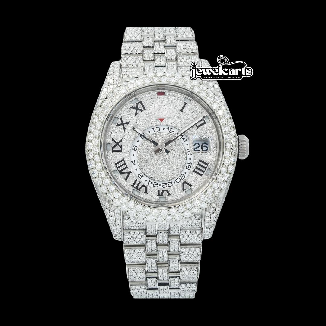Rolex Sky-Dweller Diamond Paved Dial Roman Numerals Fully Iced Out Jubilee Bracelet Moissanite Watch Front View