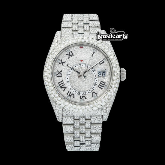 Rolex Sky-Dweller Diamond Paved Dial Roman Numerals Fully Iced Out Jubilee Bracelet Moissanite Watch Front View