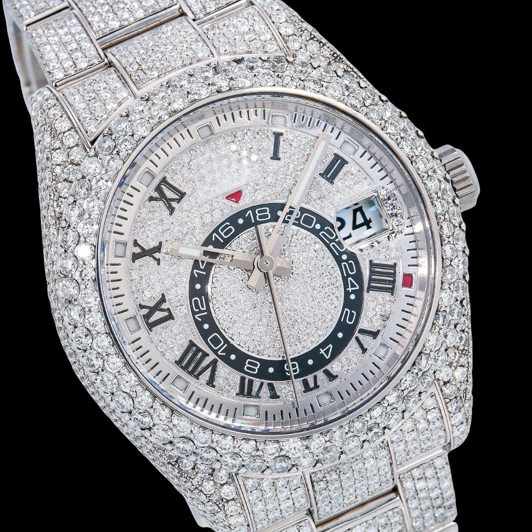 Rolex Sky-Dweller Diamond Paved Roman Dial Full Iced Out Oyster Bracelet Moissanite Watch Close Up Dial View