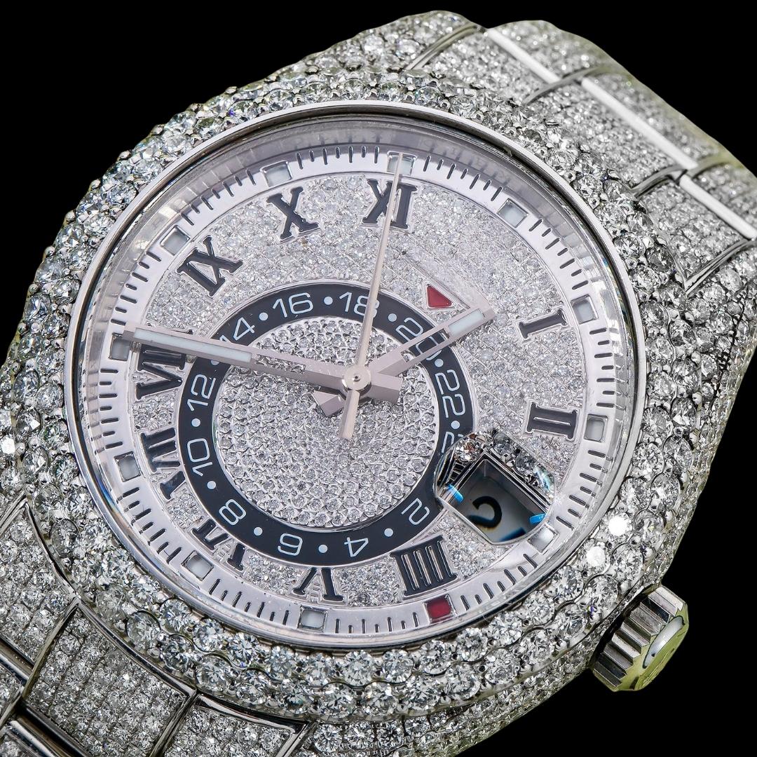 Rolex Sky-Dweller Diamond Paved Roman Dial Full Iced Out Oyster Bracelet Moissanite Watch Close Up SubDial View