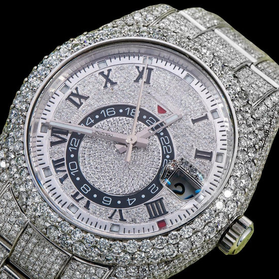 Rolex Sky-Dweller Diamond Paved Roman Dial Full Iced Out Oyster Bracelet Moissanite Watch Close Up SubDial View